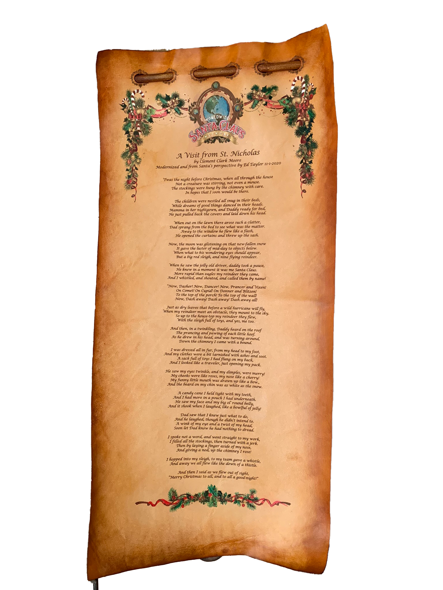 A custom leather scroll with a story and hand-painted and engraved border. 