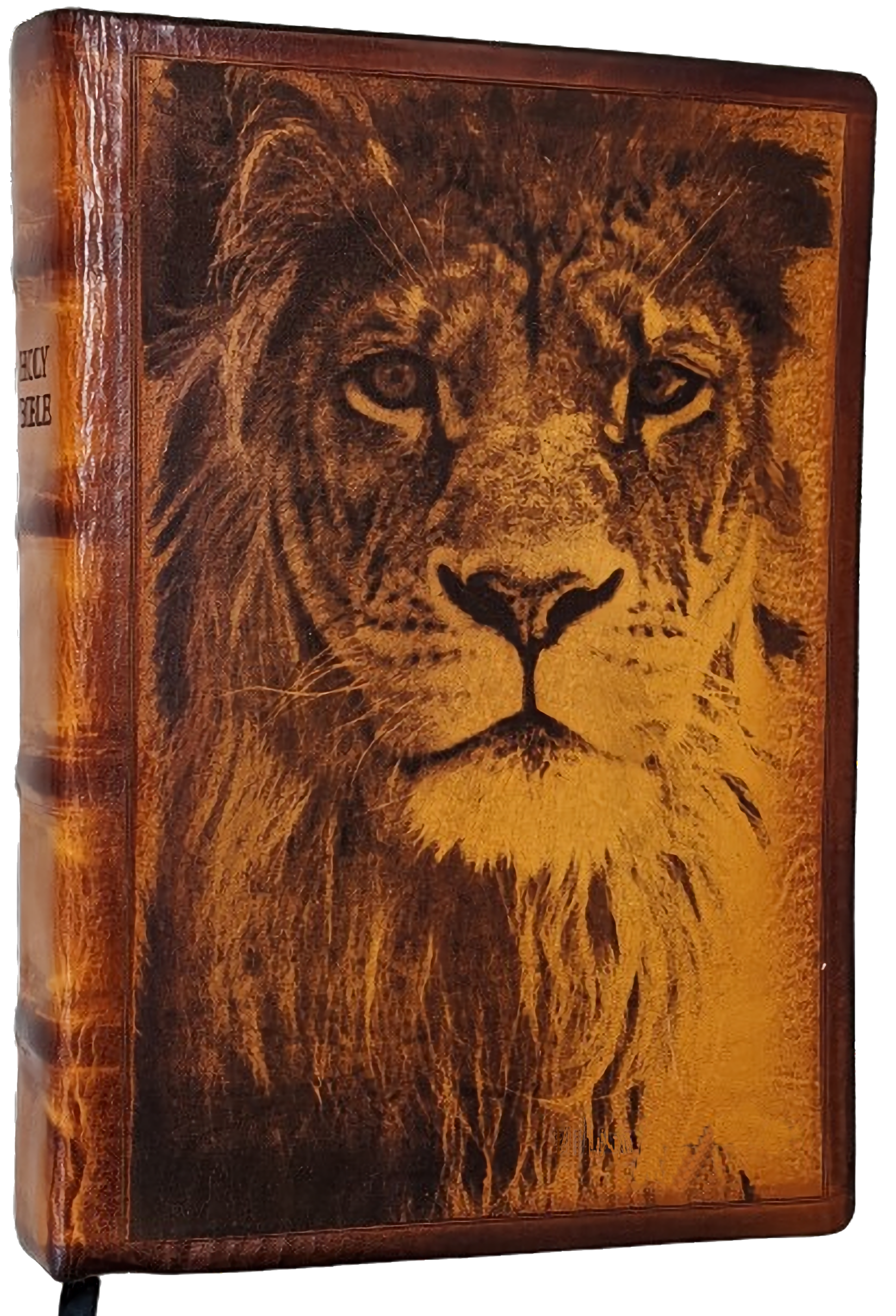 A custom leather bound bible with a lion image, created from a photo with custom engraving. 